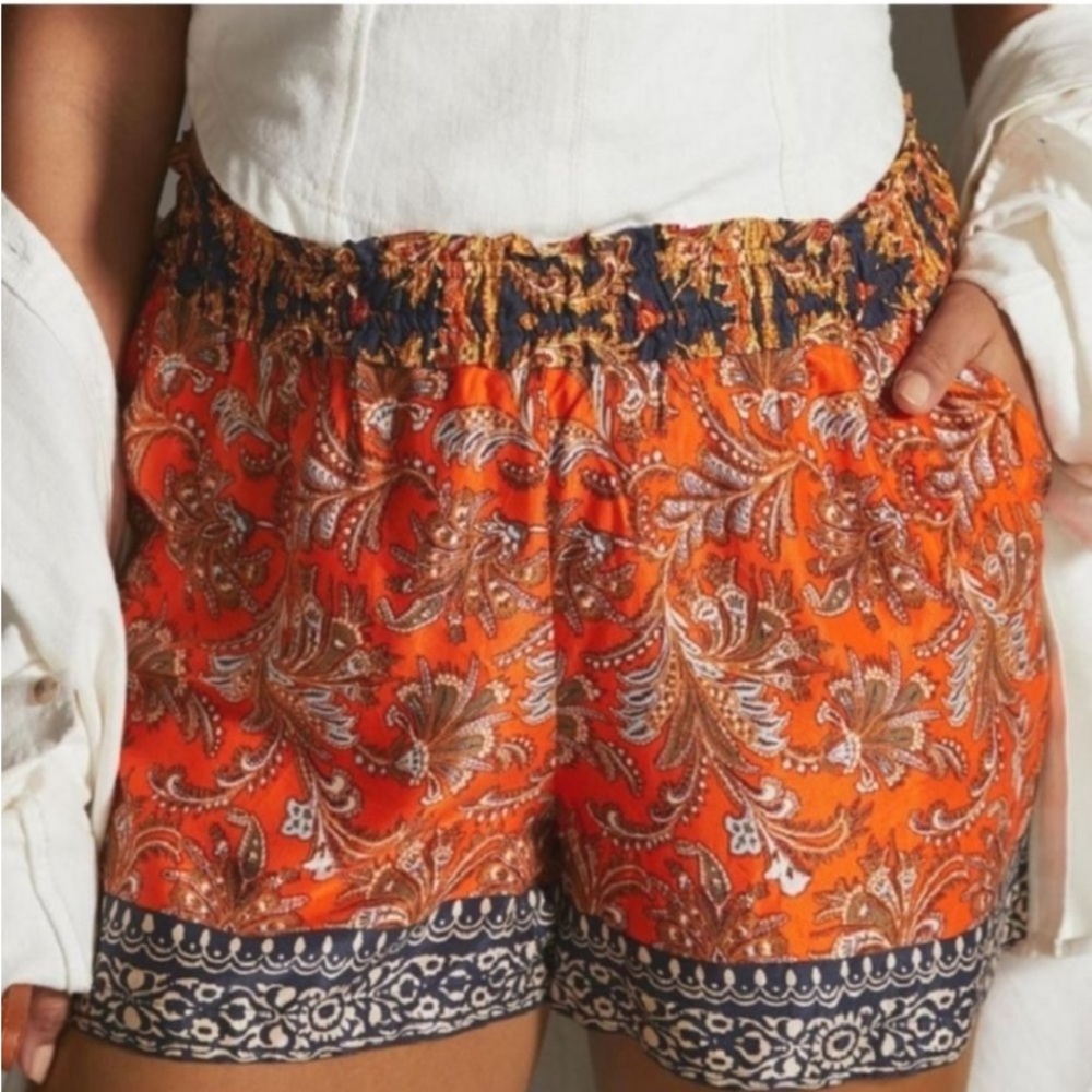 Anthropologie Orange/Blue Floral Pattern Pull On Shorts Size Medium